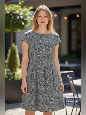 AB Studio Black & White Textured Fit-and-Flare Midi Dress